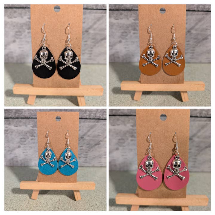 Skull and Crossbones Charm Leather Earrings for wholesale by Tiger Mountain Leatherworks