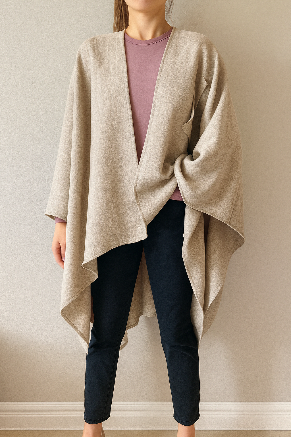 Fennco Styles - Wholesale Poncho - Women's - Beige Fringe Poncho Warm Open Front Shawl Cape 2