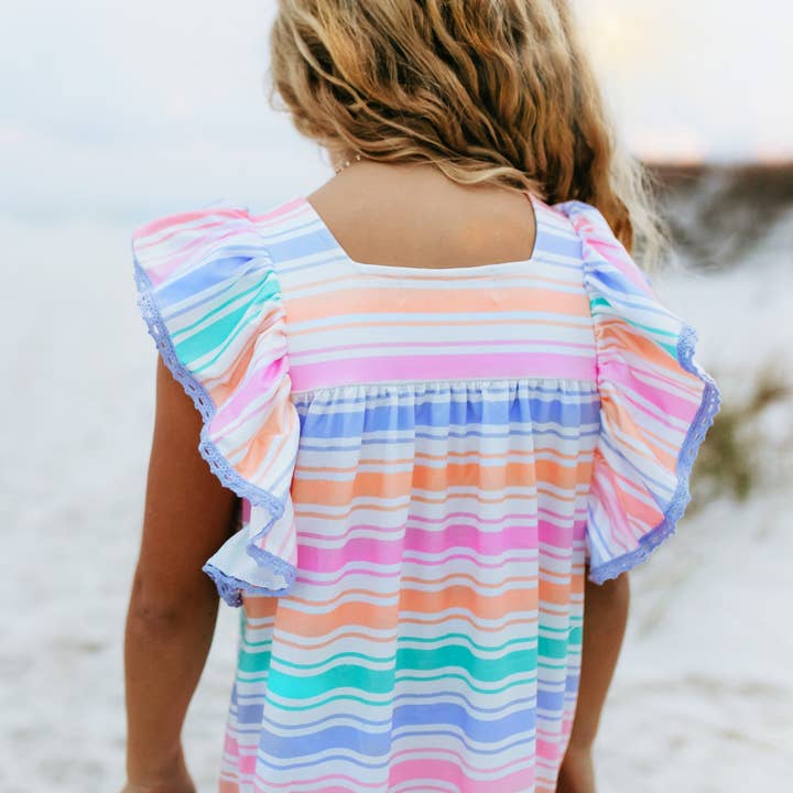 Wren & James - Wholesale Dress - Kids - Girls Pastel Rainbow Stripe Ruffles & Lace Spring Dress