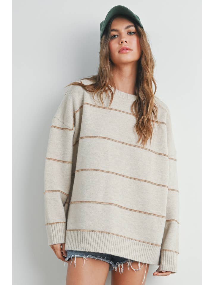 BUTTERMELON - Wholesale Knit Sweater - Women's - Striped Pattern Drop Shoulder Sweater - BMW7421