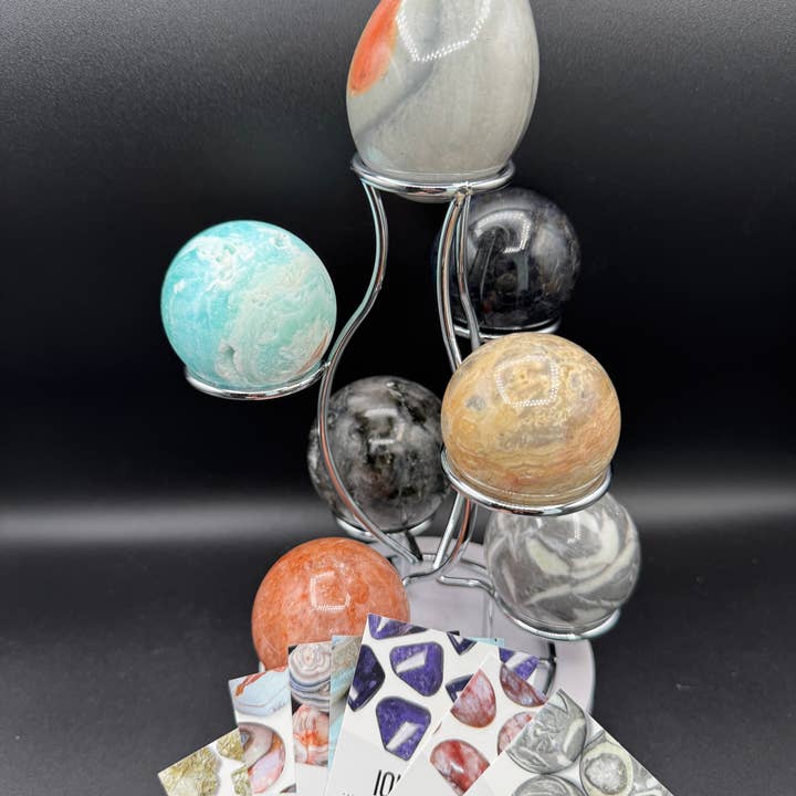 The 7 Directions - Wholesale Spiritual Stone/Crystal - 7 pc Mica Iolite fire quartz sphere w/ display stand G9962