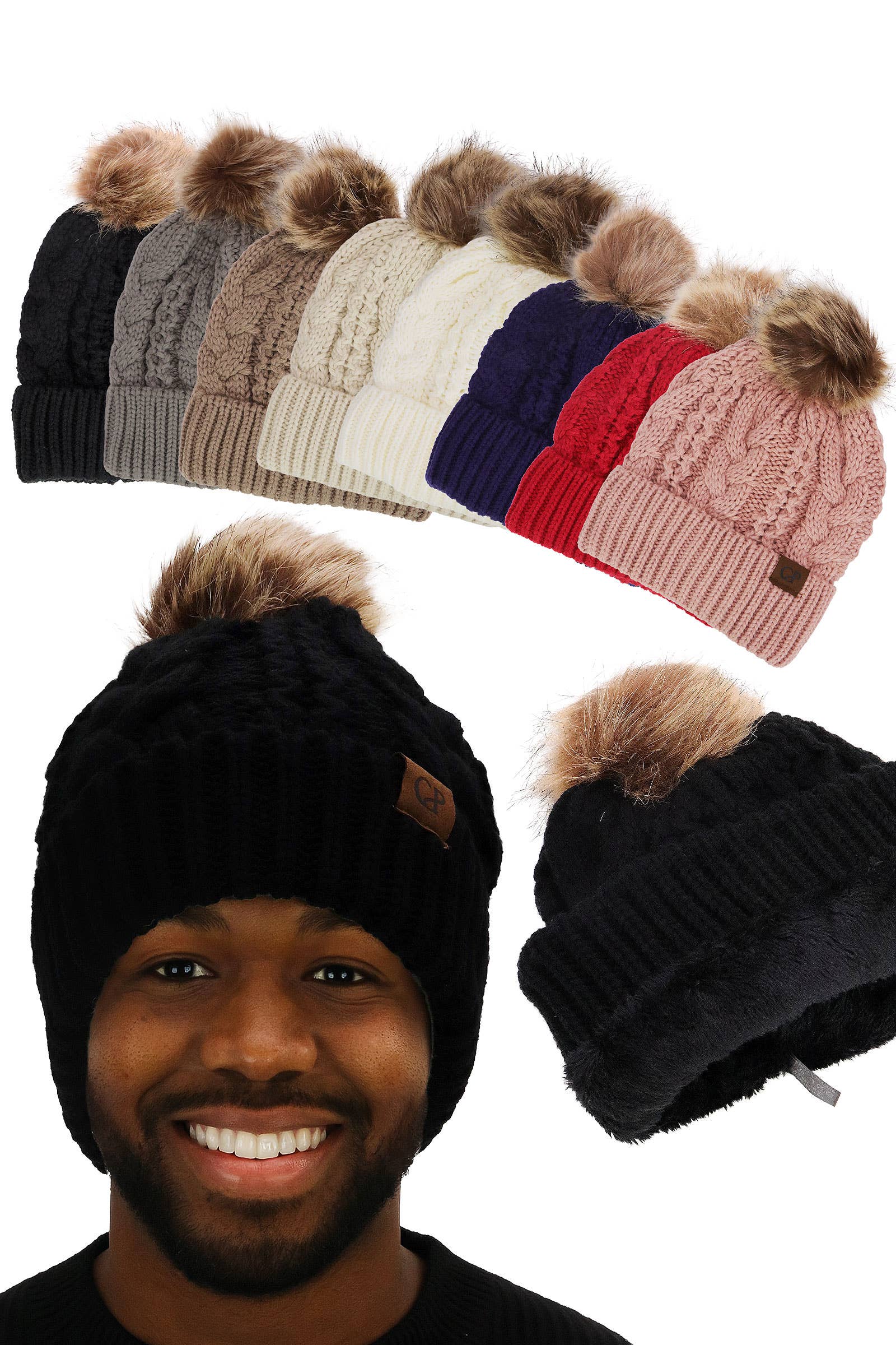 SORTIERT Spiralkabel Gestrickte Zottelige Kunstpelz-Bommelmütze für den Großhandel auf Faire