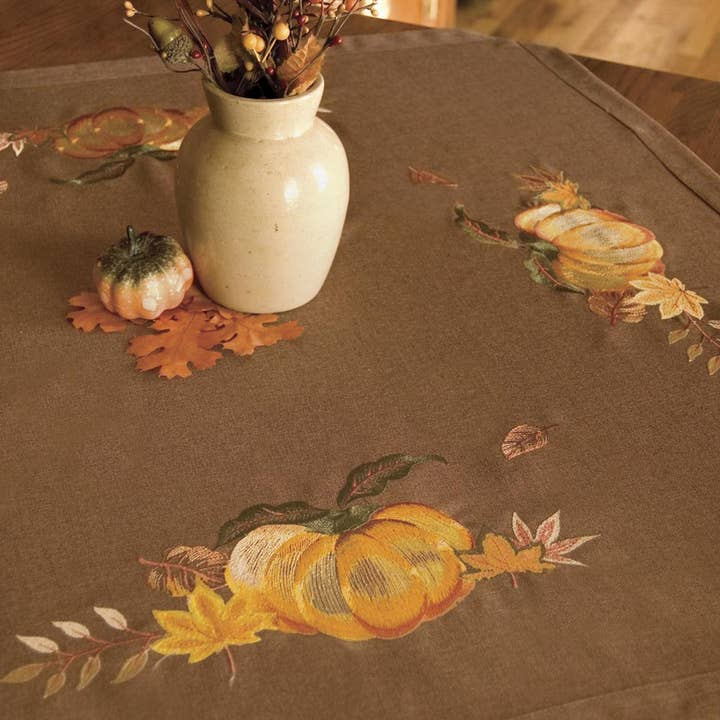 Pumpkin Patch 34x34 Polyviscoe Nutmeg Brown Tablecloth for wholesale by Heritage Lace