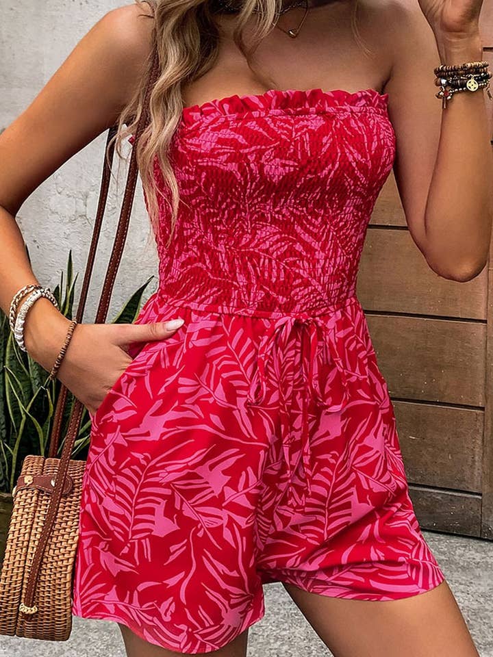 Red CWSJS0834_OFF-SHOULDER ELASTIC PRINTED TUBE TOP JUMPSUIT for wholesale on Faire3