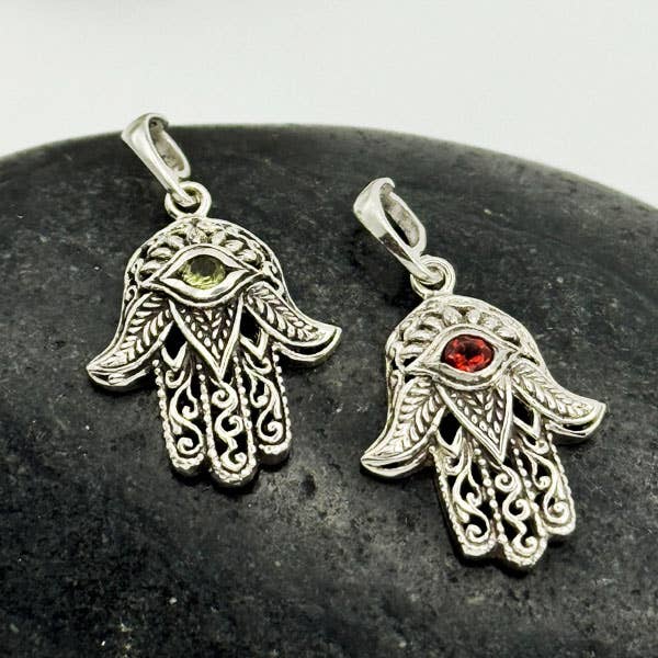 Sterling Silver Hamsa Pendant with Garnet or Peridot for wholesale by Goddess Design Studio
