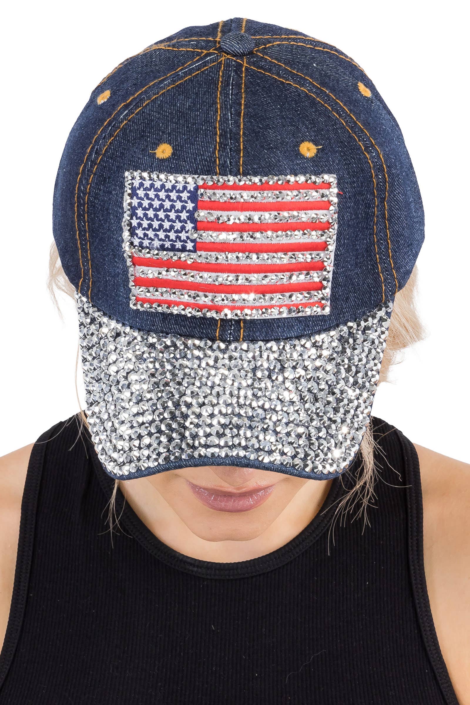 Cap Zone - Wholesale Baseball Cap - Women's - American Flag Bling Patch Denim Baseball Cap8