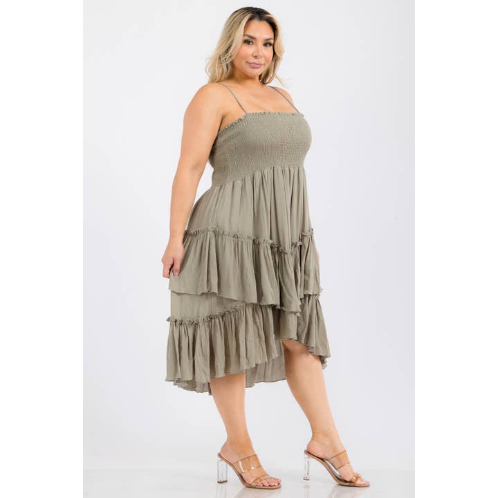 Curve Market - Wholesale Dress - Women's - PLUS SIZE SQUARE NECK SMOCKED BODICE TIERED RUFFLE HEM MIDI 7