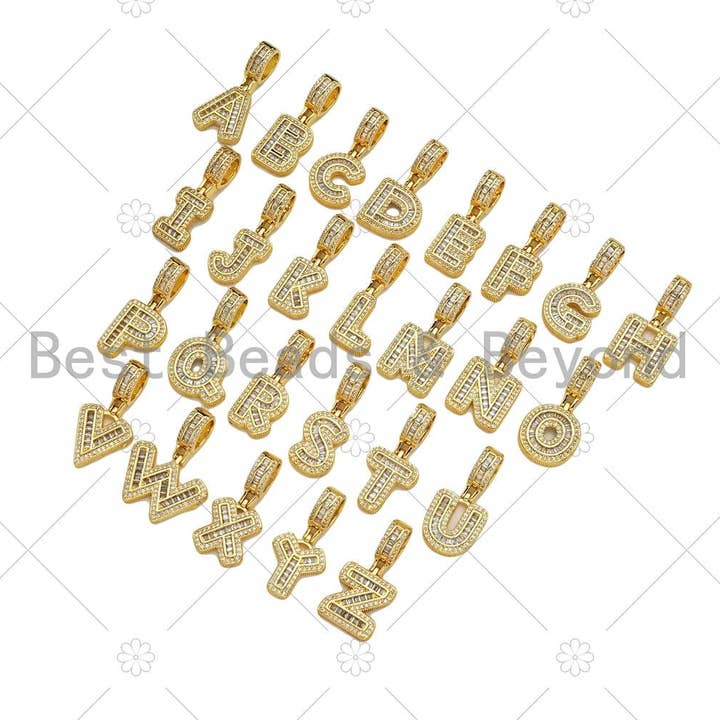 18K Gold Baguette CZ Initial Letter Pendant, A -Z Alphabet Letter, Large Hole Personalized name Charm for Jewelry Making, 16x33mm,sku#LD76 for wholesale by BestBeads&Beyond
