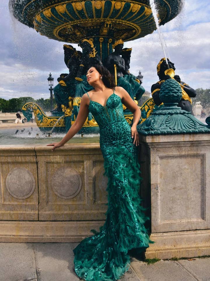 Long dress with feathers 24108 for wholesale by Invitadissimas