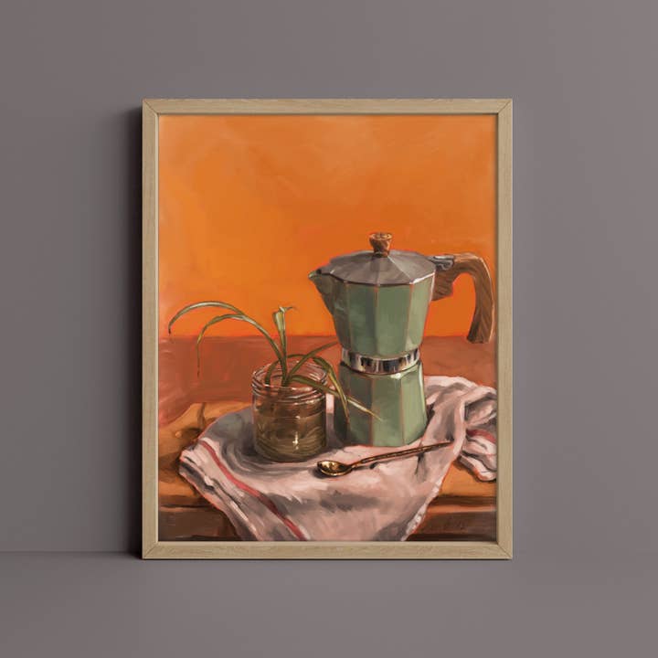The Ugly Cat Studio - Wholesale Art Print - Moka Pot and Spider Plant Still Life Fine Art Poster Print