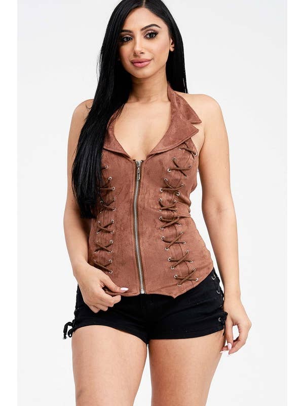 Lydia USA - Wholesale Blouse - Women's - Lace Up Collar Halter Suede Top14