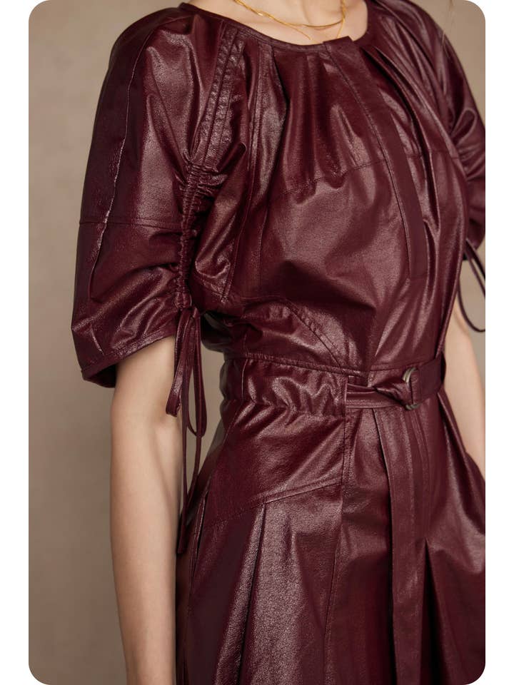 Burgundy Waist Belt Pleated Faux Leather Mini Dress for wholesale on Faire4