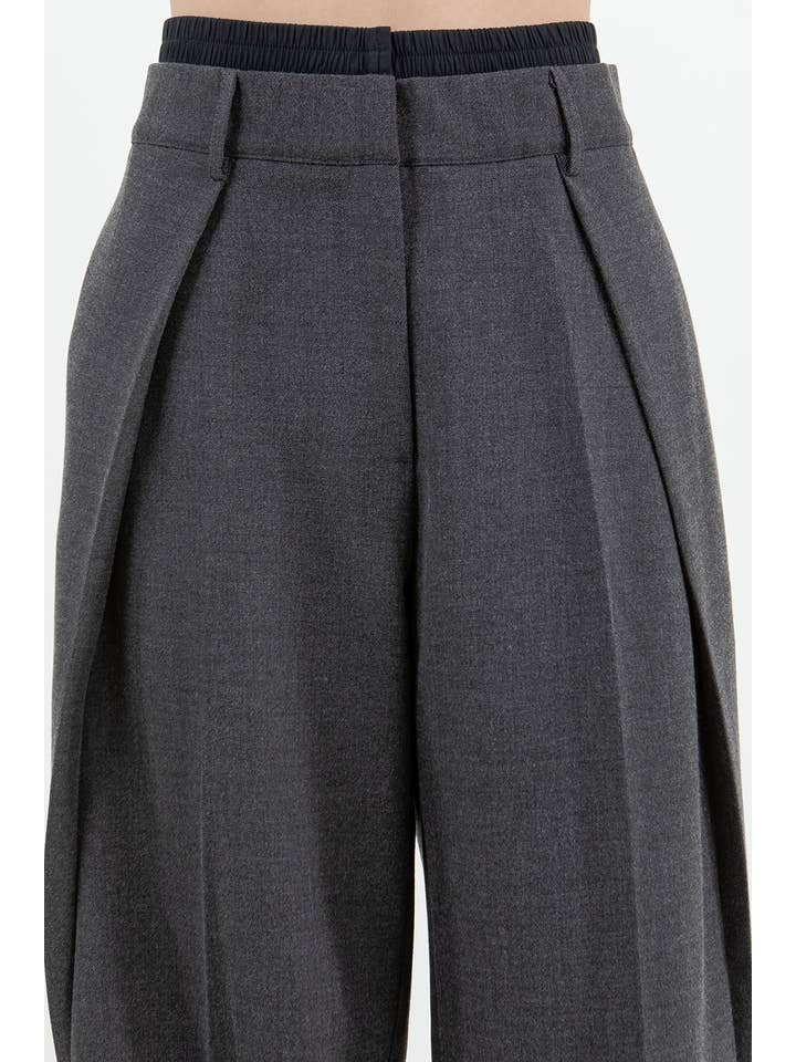 Charcoal CONTRAST ELASTIC DOUBLE WAIST STRAIGHT LEG TROUSERS-CHARCOAL for wholesale on Faire5
