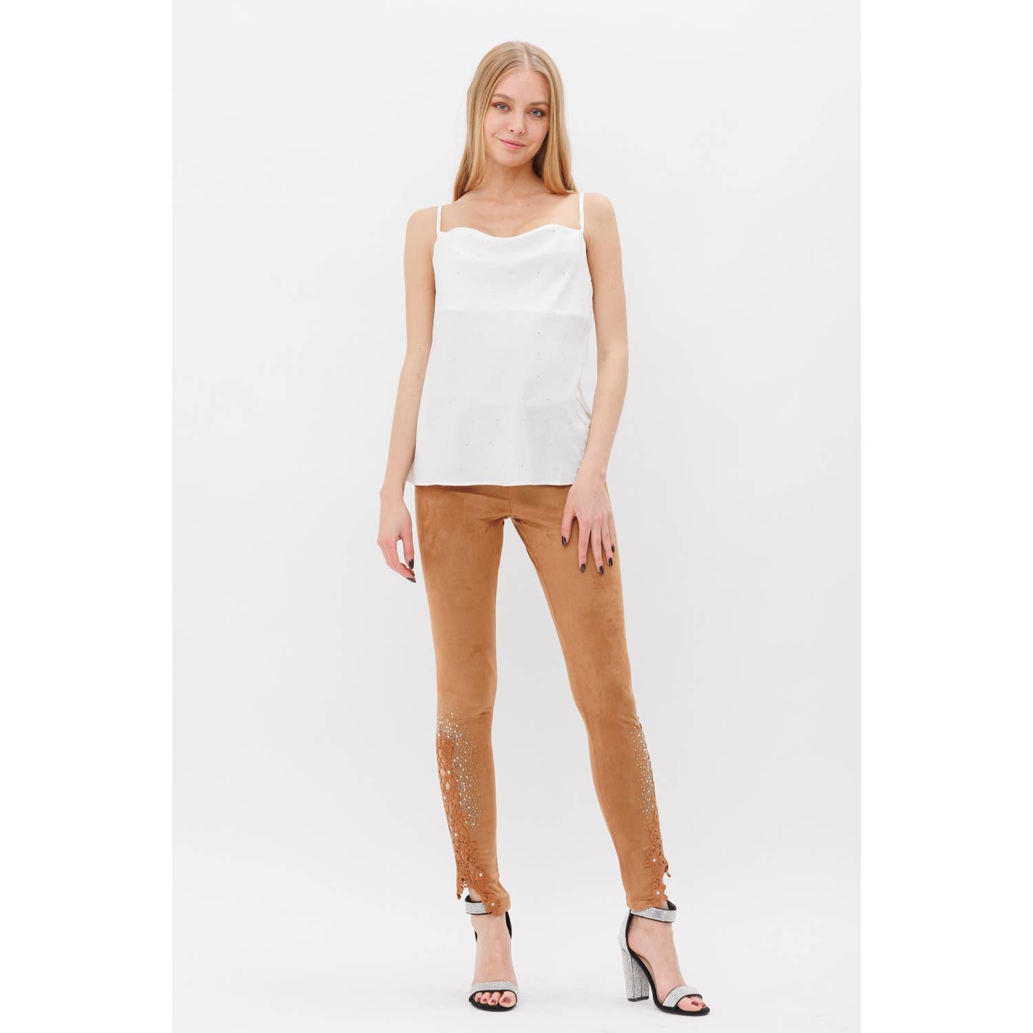 VOCAL - Wholesale Fashion Leggings - Women's - SUEDE LEGGINGS WITH CROCET LACE RHINESTONE5