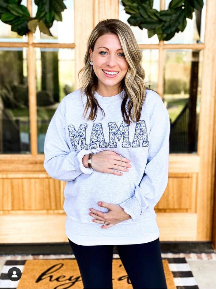 Mama Blue Floral Applique Embroidered Sweatshirt for wholesale by Everly Enchanted