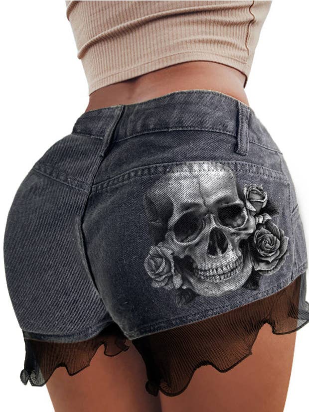 Black Sexy Skull Print Stitching Denim Shorts for wholesale on Faire