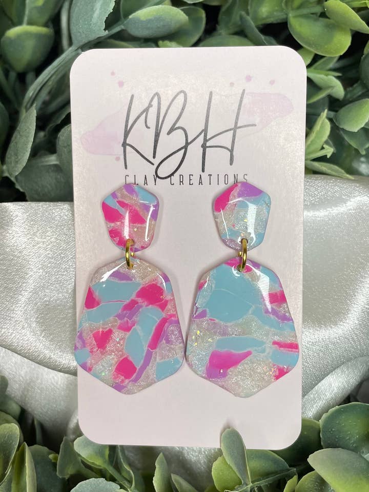 Opal Multi Marble Polygon Dangle Handmade Clay Earrings for wholesale by KBH CREATIONS