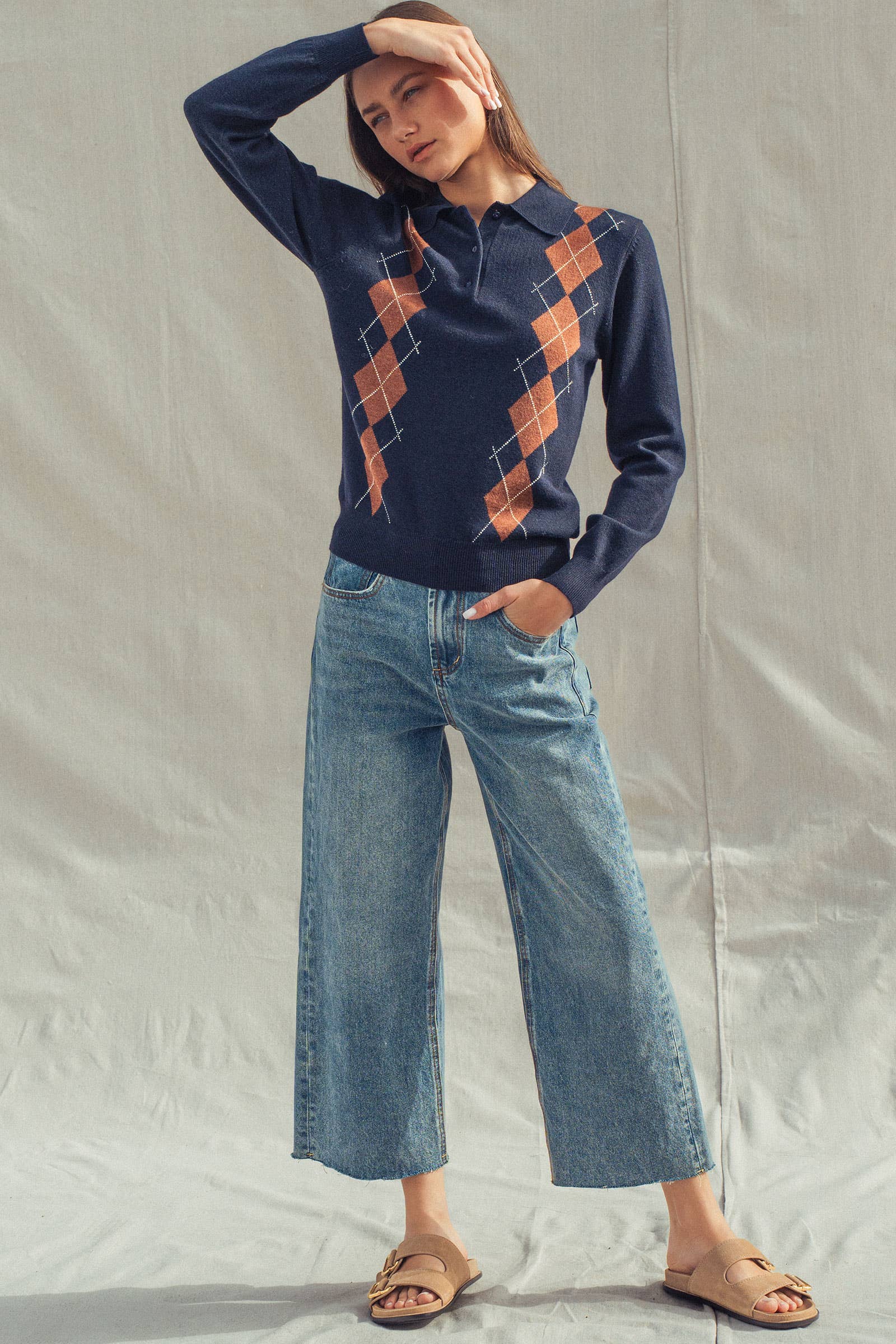 Urban Daizy - Vente Pull en maille – femme - Pull Polo Tricoté à Motif Argyle Classique11