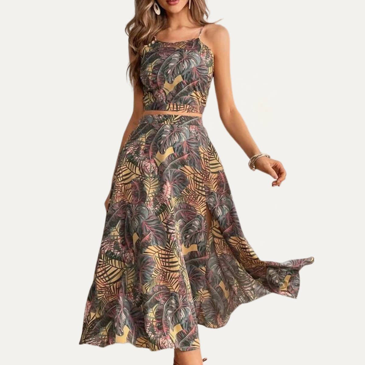 The Moment Collection - Vendita all'ingrosso Completo top e gonna - Donna - Abito midi in due pezzi stampato con foglie tropicali per le vacanze3