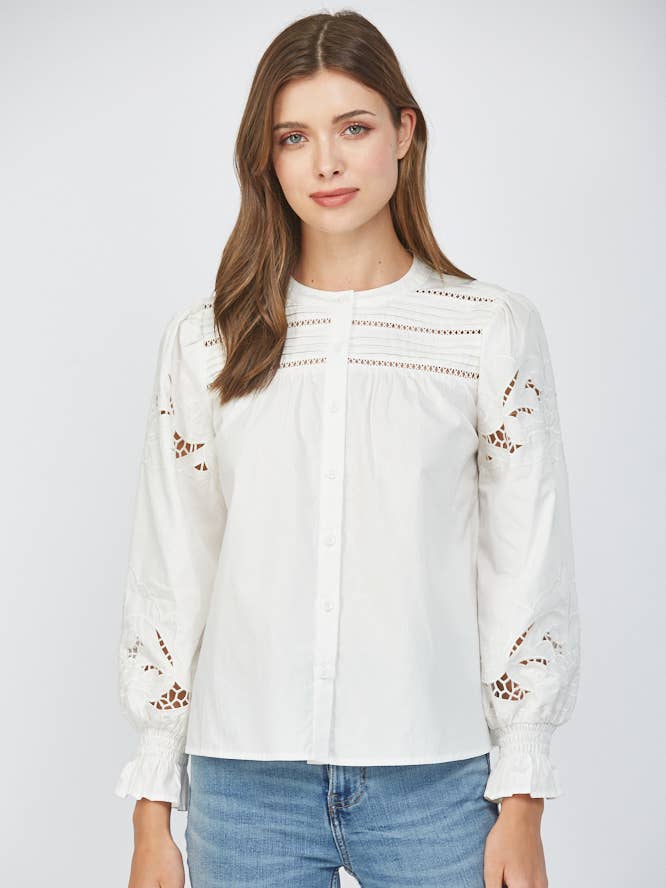 LACE TRIM DETAIL EMB PUFF SLV SHIRT FT25377 for wholesale by FATE