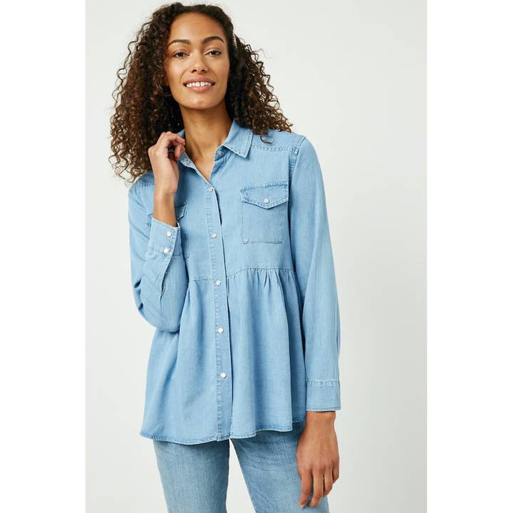 LIGHT DENIM Womens Button-Down Peplum Shirt for wholesale on Faire