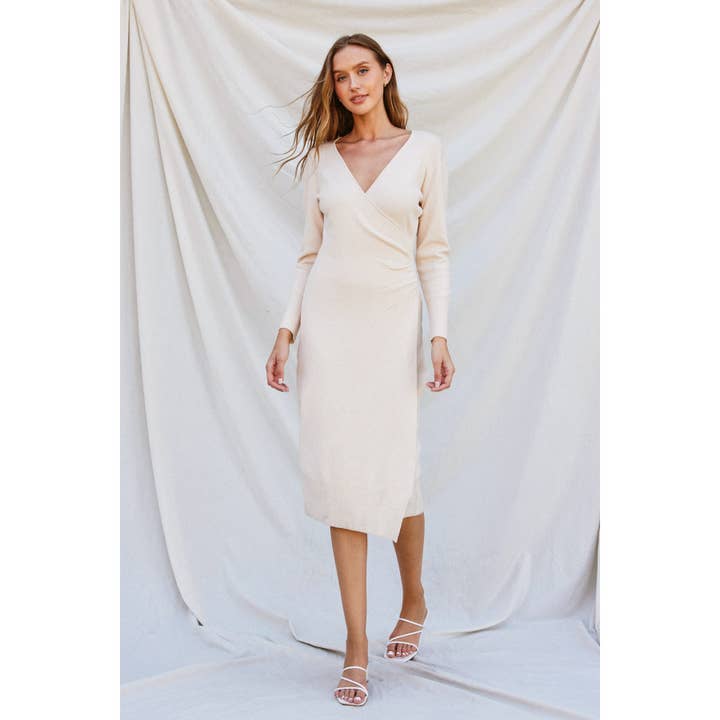 Dress Forum - Wholesale Knit Sweater - Women's - Surplice Ruched Side Midi Knit Dress