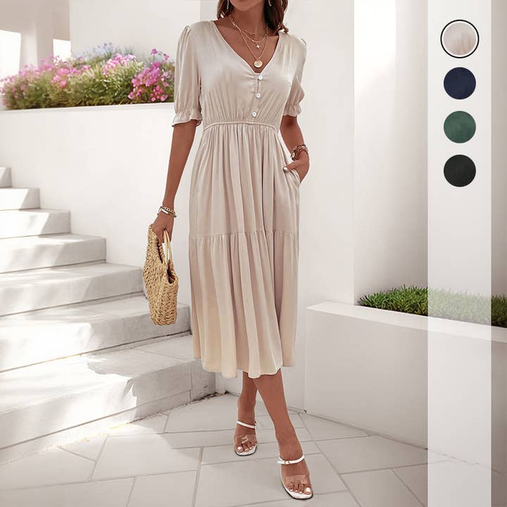 Robe midi élégante à col en V, plissée et coupe évasée pour la vente par onatorobi