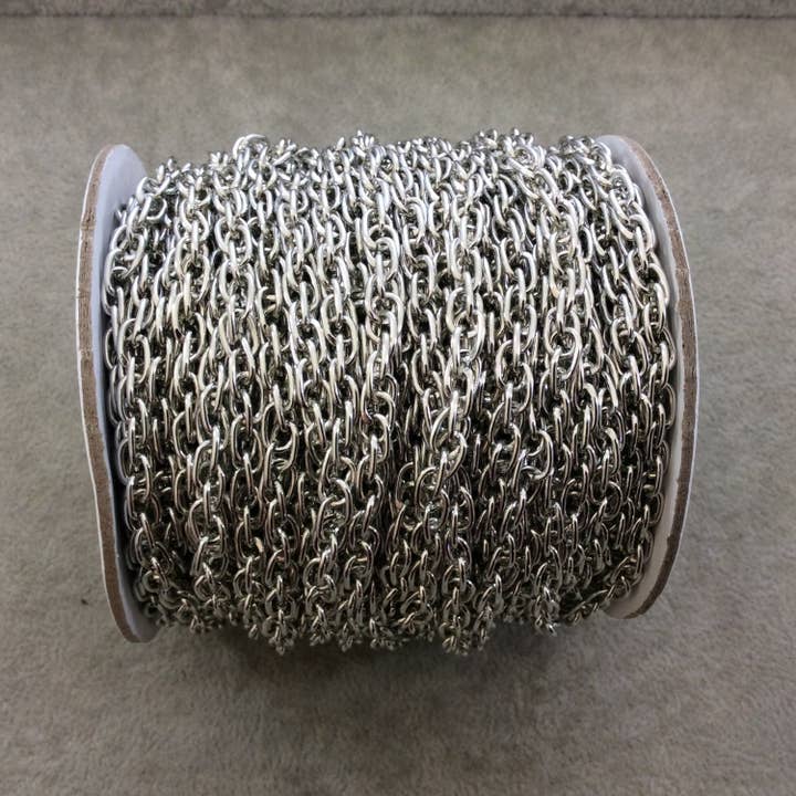 Silver Plated Double Twisted Oval Chain – 5×7mm, Full Spool for wholesale by Only Beads