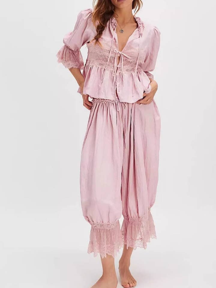 2 Pcs Hollow Lace Tie Front Sleepwear Set DP25F866 and other Purchase Wholesale 2 pc. Free Returns & Net 60 Terms on Faire trending on Faire.