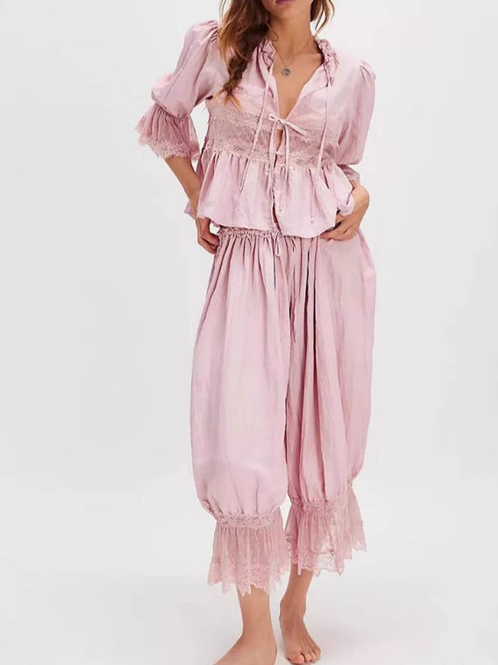 Pantalon de nuit en dentelle creuse avec lien à nouer DP25F866 pour la vente par Dipped Shop