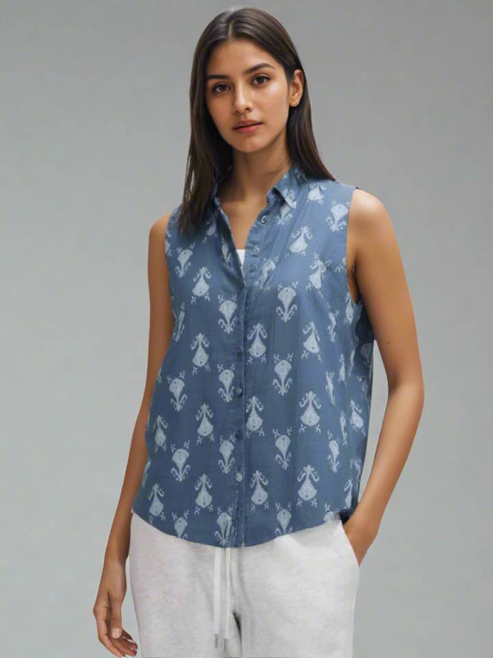 Cotton Ikat Print Sleeveless Shirt for Women for wholesale by Ariastop.com corporation