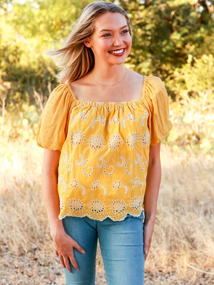 Make them stare mustard floral puff sleeve for wholesale by GRACE+EMMA by Southern Grace