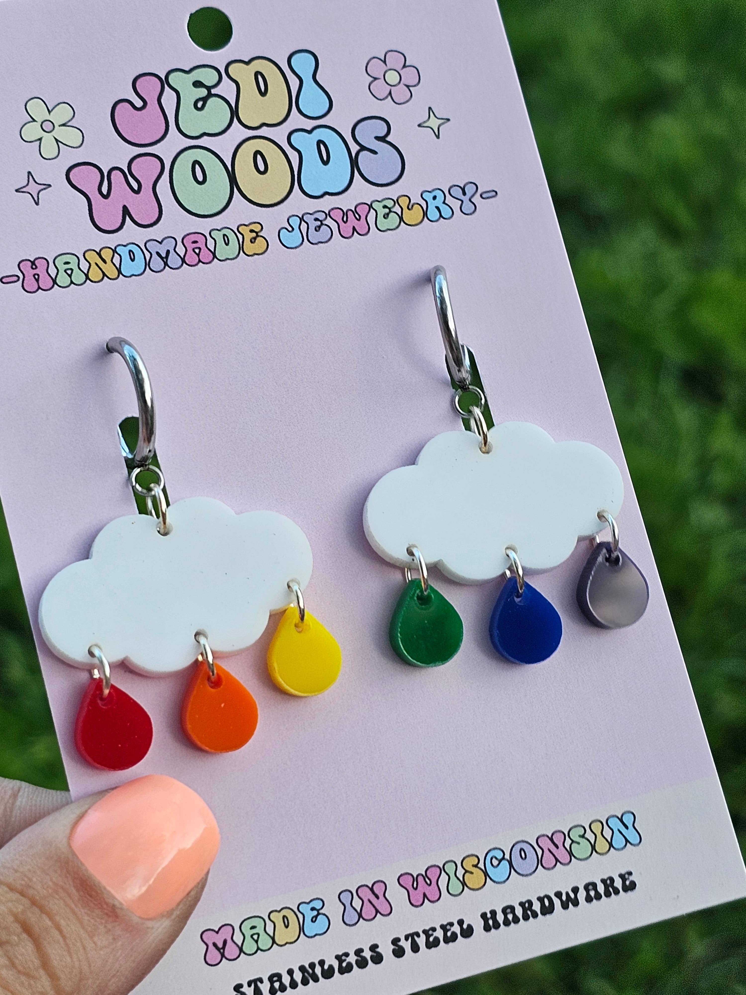 Jedi Woods LLC - Wholesale Dangle Earrings - Rainbow Raindrop Cloud Earrings with Single Rain Drops1
