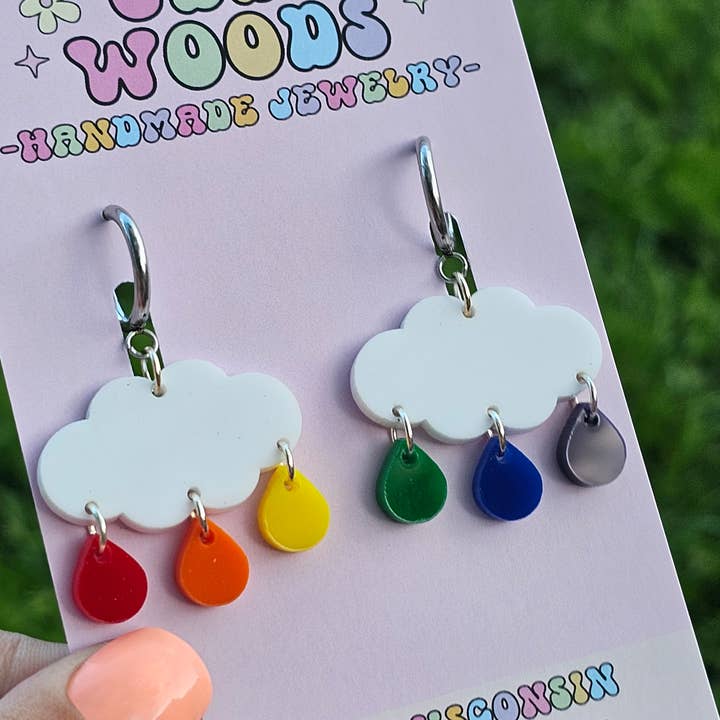 Jedi Woods LLC - Wholesale Dangle Earrings - Rainbow Raindrop Cloud Earrings with Single Rain Drops1
