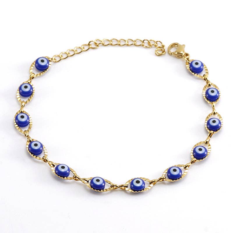 Mio Queena - Wholesale Charm/Dangle Bracelet - Enamel Evil Eye 18k Gold Plated Stainless Steel Bracelet-FGS6