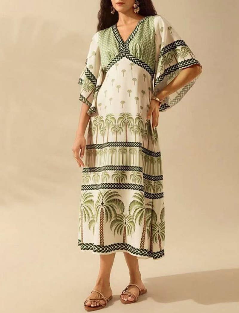 EmberLoom - Wholesale Dress - Women's - Palm Print V-Neck Midi Dress0