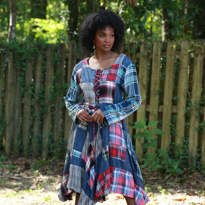 Lace-Up Denim Plaid Patchwork Dress for wholesale by Sacred Threads
