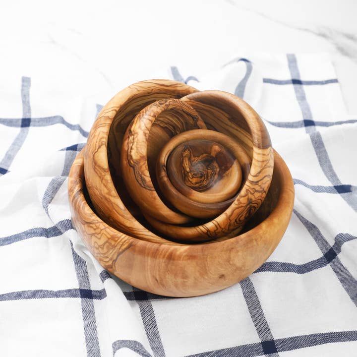 Krafts GmbH Olive Wood - Wholesale Serve Bowl - Handmade Olive Wood Bowl Set (6-Piece) – Rounded Rim 16 cm Ø1