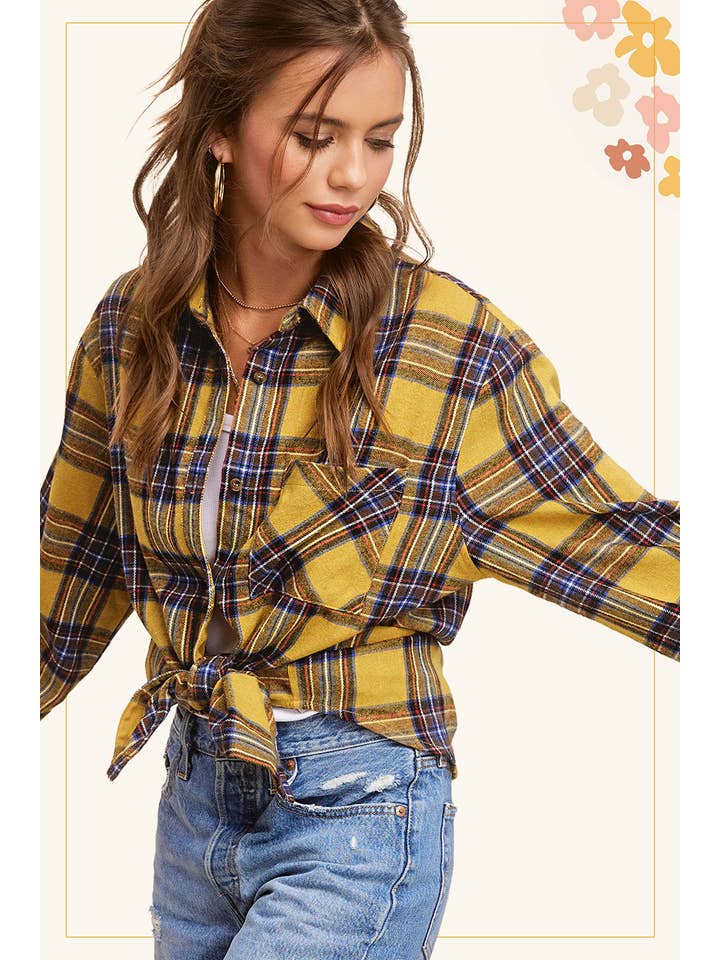 La Miel - Wholesale Button Down Shirt - Women's - SRT7807-Loose Fit Button Down Soft Fabric Plaid Shirts