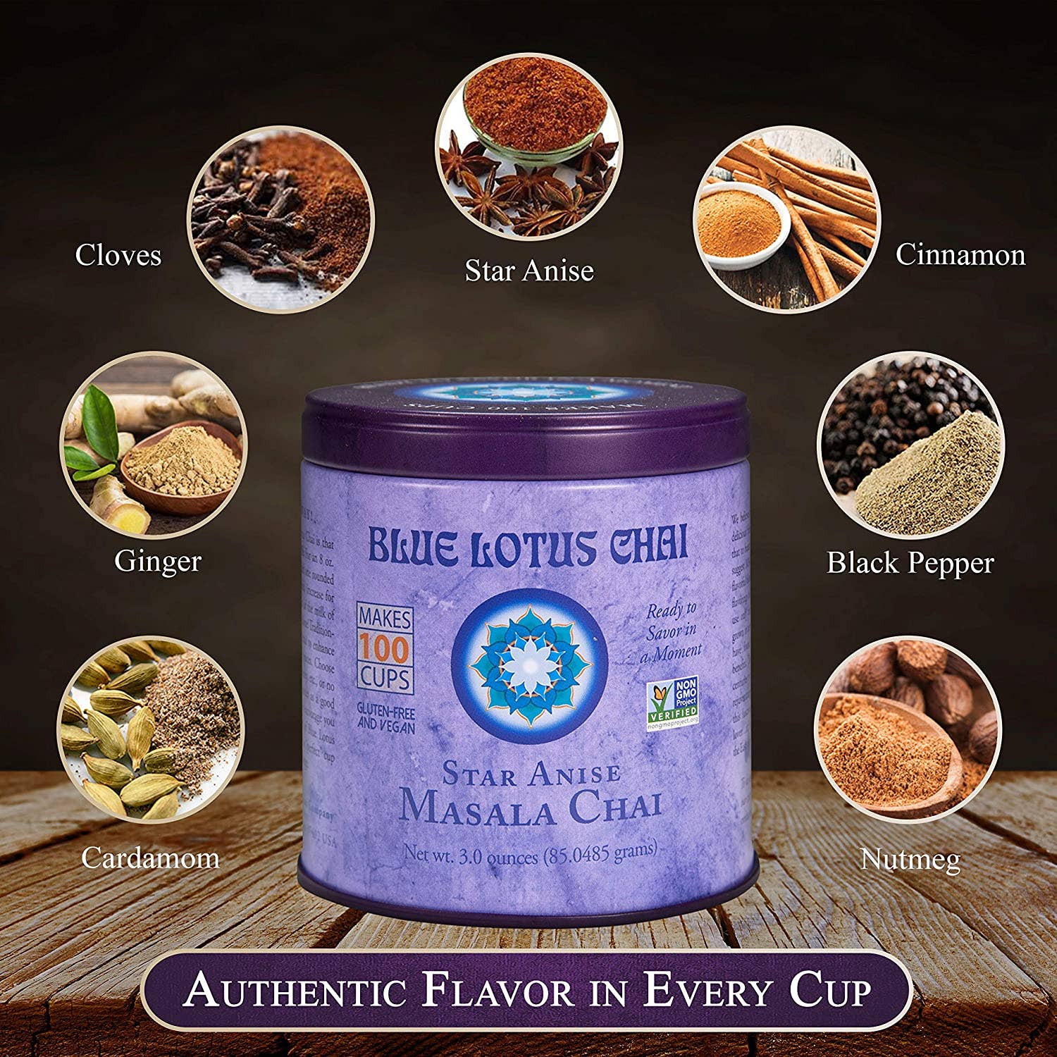 Blue Lotus Chai Company - Vente Thé en vrac - Masala Chai à l'anis étoilé - Boîte de 3 oz (100 tasses)1