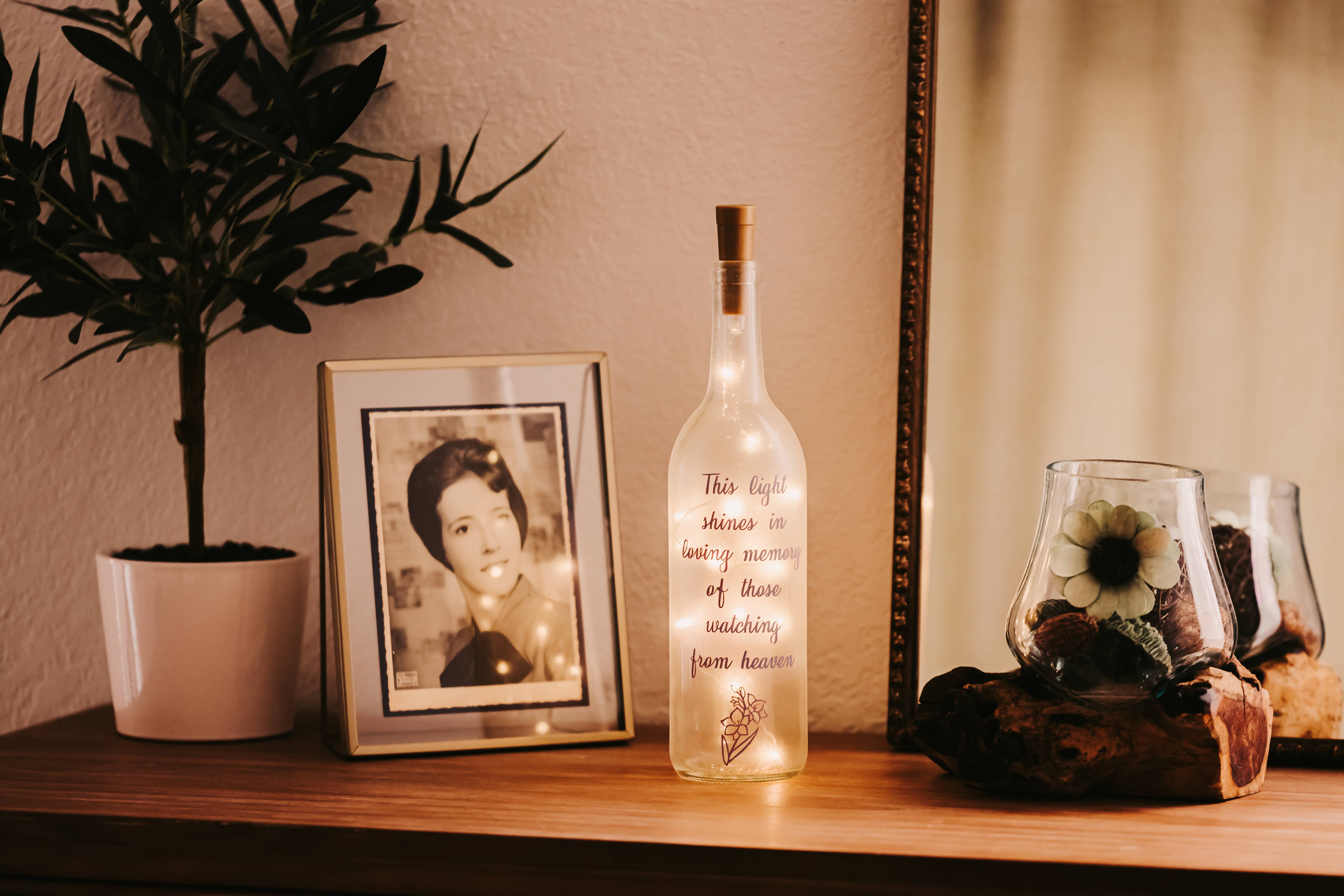 Firefly Home Designs - Wholesale Decorative Tabletop Object - Memorial Wine Bottle Light, Bereavement Gift, Remembrance3