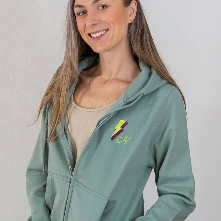 Zipped Rainbow Bolt Hoodie in Dusty Green for wholesale by Percy and Nell Retail Limited