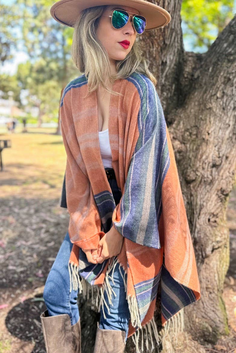 Rost Rostrandig tryckt mysig Ruana sjalkofta med tofs för wholesale på Faire5