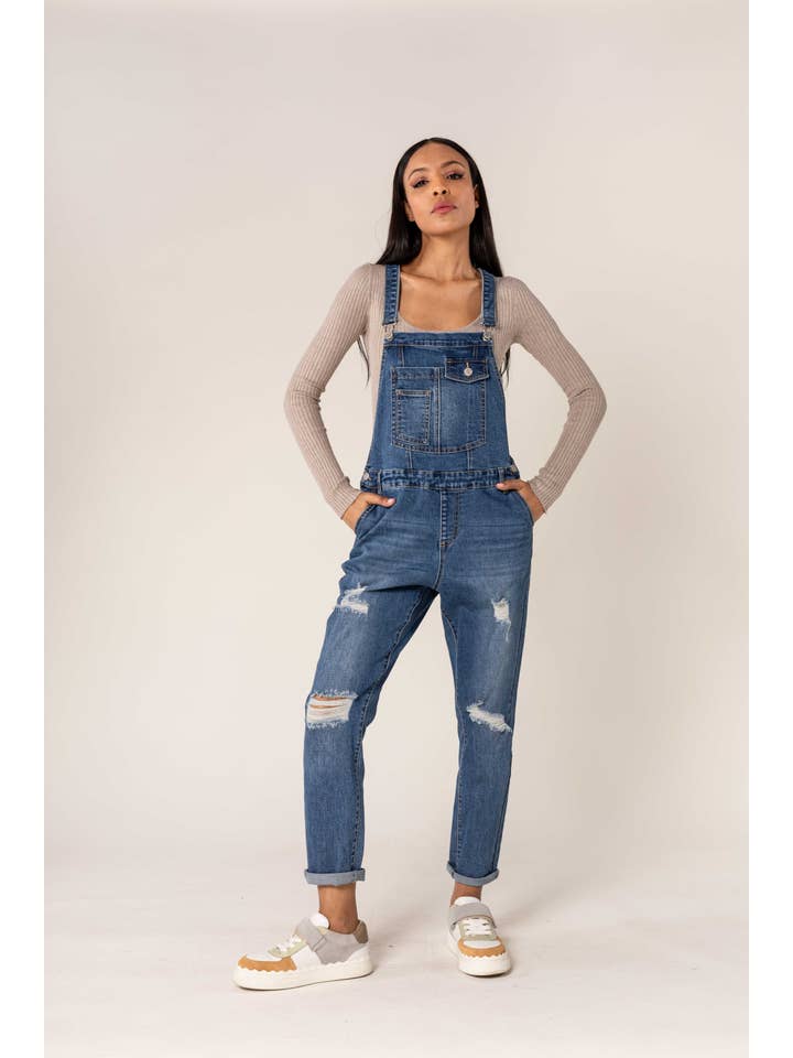 Nina Carter - Wholesale Overalls - Women's - Destroy denim overalls in wide stretch boyfriend jeans S53512