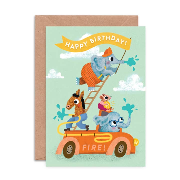 Carte de vœux Camion de pompiers d'anniversaire | Anniversaire éléphant pour enfants pour la vente par Emily Nash Illustration Greeting Cards