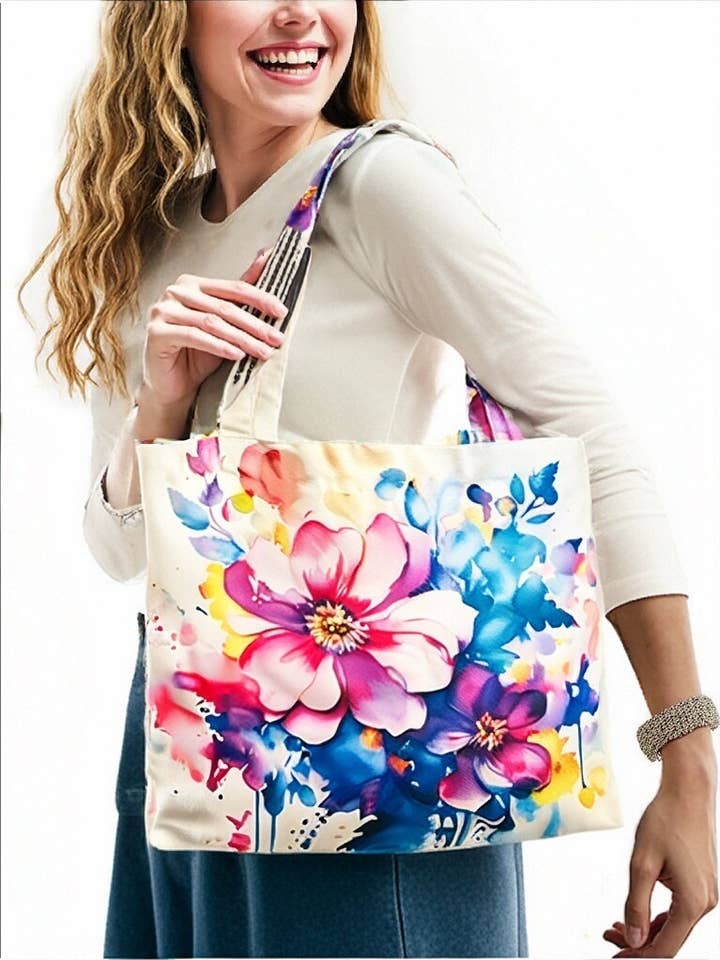 Lyserød & Blå Akvarel Blomster Premium Skuldertaske for engroshandel hos JC Sunny Fashion