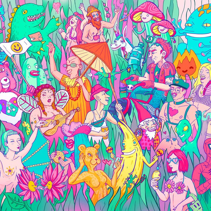 Festival Psichedelico Stampa d'Arte Pop Surrealismo Cartone Animato per la vendita all'ingrosso da parte di Zubieta Illustration