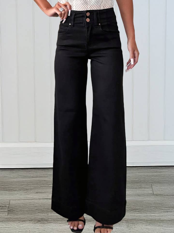 LAS Black 2-Button High Waist Flared Bottom Jeans (4-16) for wholesale by LA Society