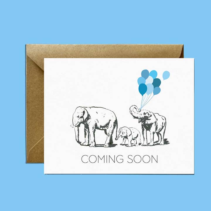 Elephants + Blue + Coming Soon — Carte d'annonce pour bébé pour la vente par Mitzi Bitsy Spider