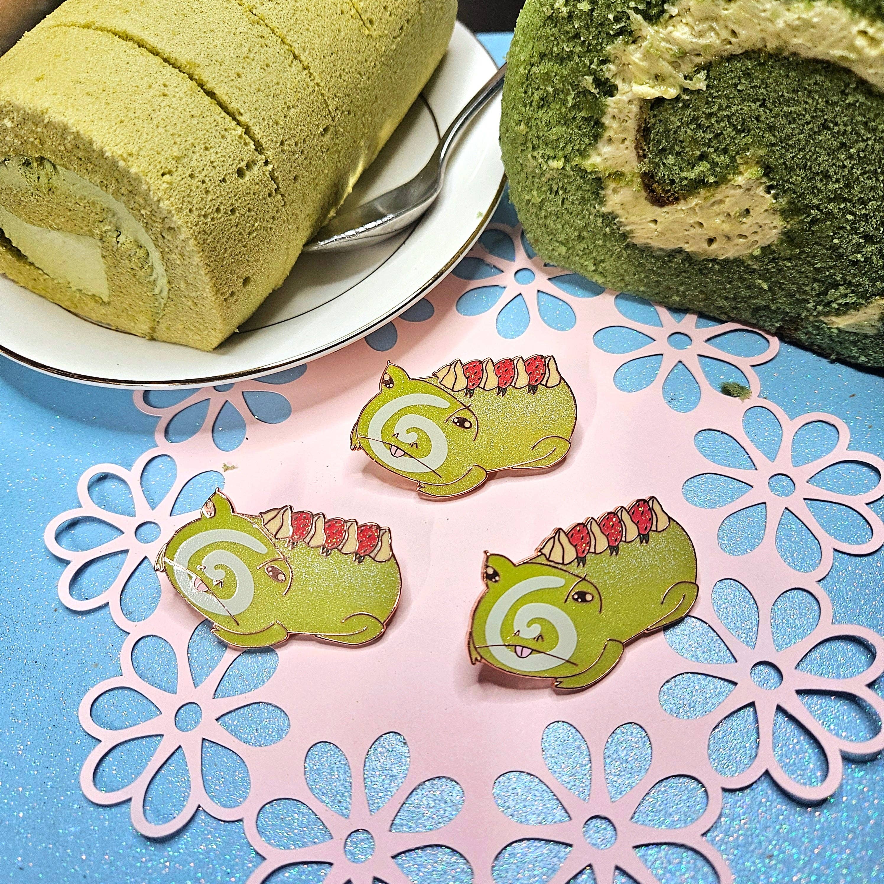Floating Frogs - Wholesale Lapel Pin/Button - Matcha Cake Roll Frog Enamel Pin